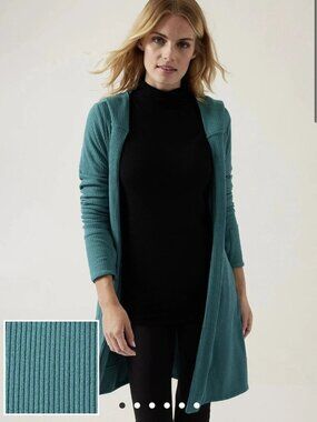 Athleta Womens Harmony Pose Wrap M Teal Oversized Knit Hooded Longline Cardigan